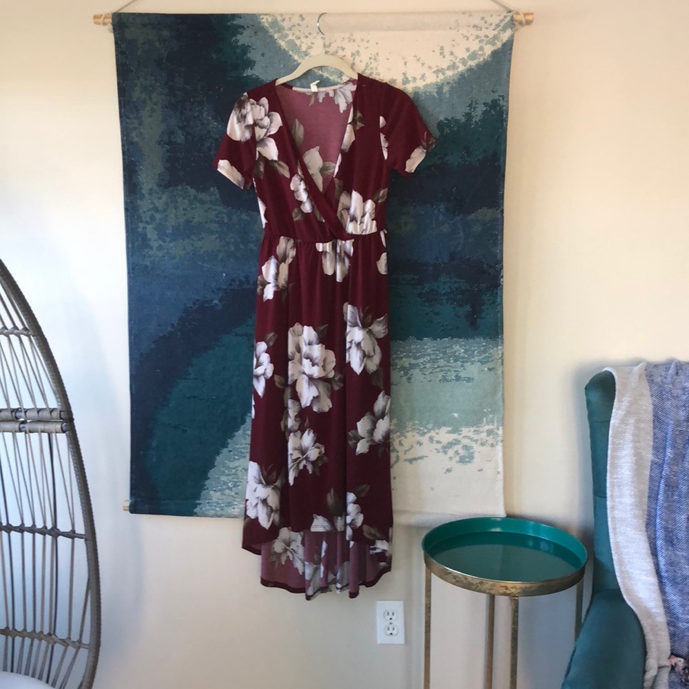 Maroon with white floral design maternity dress